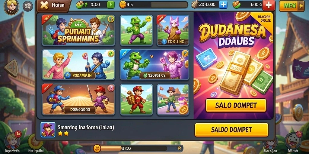 Screenshot menunjukkan tampilan antarmuka yang menarik dengan tema permainan.